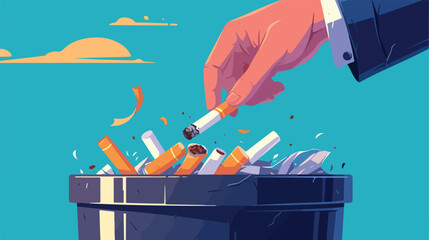 Hand putting cigarettes in trash bin flat style 2d - obrazy, fototapety, plakaty