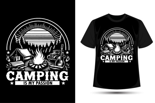 Mountain camping, campfire outdoors, summer vacation vintage retro t-shirt design vector