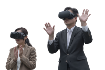 People in China use VR and AR technology to communicate with each other in virtual reality. It's interesting. Isolated on a transparent background.