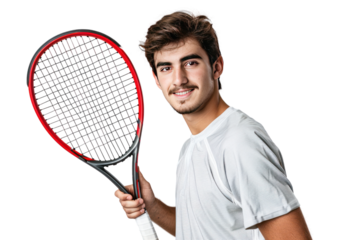 Tennis player holds up racket.Isolated on a transparent background.