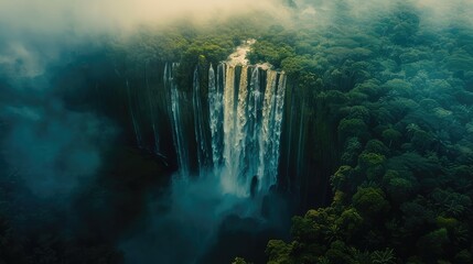 Kaieteur Falls Bird's Eye View, Offer a unique perspective of Kaieteur Falls from above, showcasing the breathtaking scale and grandeur of the waterfall against the backdrop of the dense rainforest - obrazy, fototapety, plakaty