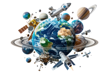 Space Technology: Technology related to space exploration. People are interested in the secrets of the universe and the technology that will help humans travel to other planets, Isolated on a transpar