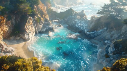 McWay Falls Coastal Serenity, Capture the tranquil beauty of McWay Falls as it plunges directly into the Pacific Ocean along California's rugged coastline, surrounded by pristine beaches and towering  - obrazy, fototapety, plakaty