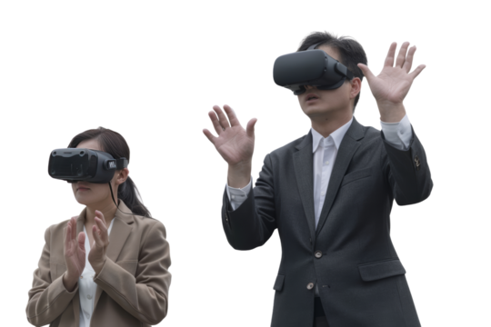 People in China use VR and AR technology to communicate with each other in virtual reality. It's interesting. Isolated on a transparent background.