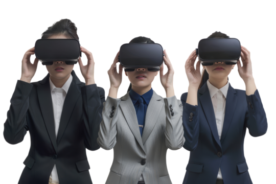 People in China use VR and AR technology to communicate with each other in virtual reality. It's interesting. Isolated on a transparent background.