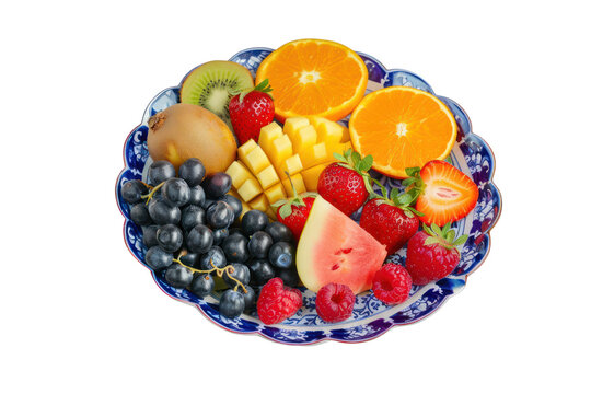 various types of fruit Arranged on a colorful, delicious plate, Isolated on a transparent background.