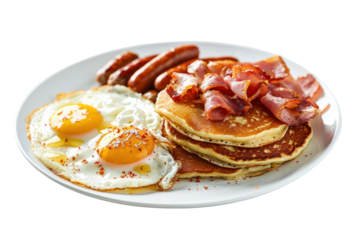 American breakfast consisting of fried eggs, ham, pancakes, sausage, delicious.Isolated on a transparent background.