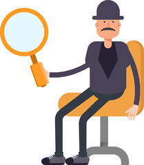 Old Man Character Sitting and Holding Magnifier
