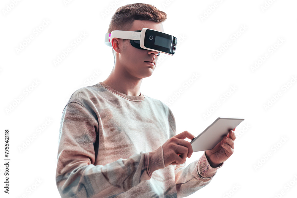 Poster young man with short hair and ar glasses is doing design work on a tablet. referring to ar technolog