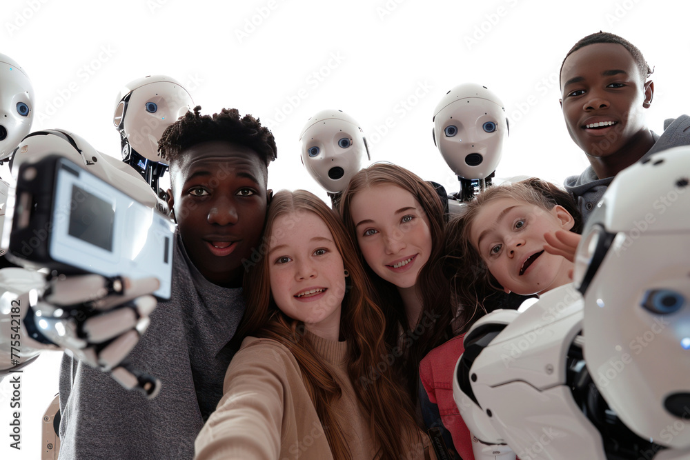 Poster group of teenagers taking selfies with their beloved ai robots, reflecting the relationship between 