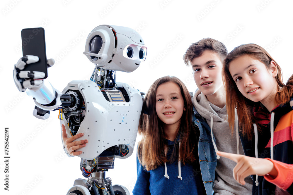 Poster group of teenagers taking selfies with their beloved ai robots, reflecting the relationship between 