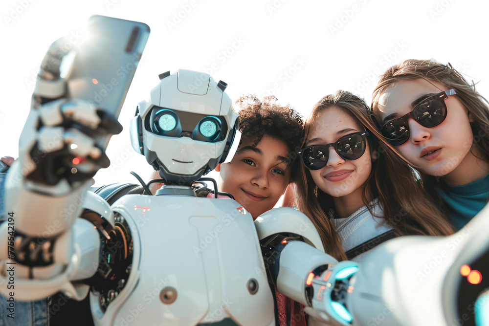Poster group of teenagers taking selfies with their beloved AI robots, reflecting the relationship between humans and AI.Isolated on a transparent background.