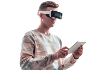 young man with short hair and AR glasses is doing design work on a tablet. Referring to AR technology and working in the new era.Isolated on a transparent background.
