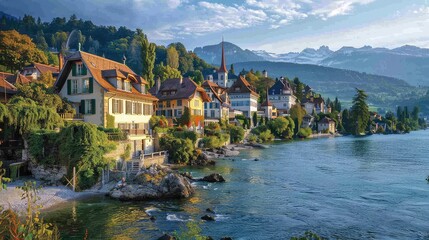 Fototapeta premium Rhine Falls Romantic Getaway, Portray the romantic charm of Rhine Falls in Switzerland, with its picturesque setting and idyllic