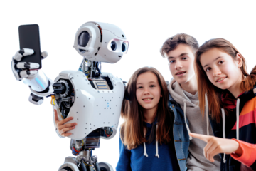group of teenagers taking selfies with their beloved AI robots, reflecting the relationship between humans and AI.Isolated on a transparent background.