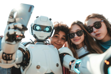 group of teenagers taking selfies with their beloved AI robots, reflecting the relationship between humans and AI.Isolated on a transparent background.