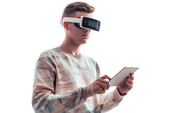 young man with short hair and AR glasses is doing design work on a tablet. Referring to AR technology and working in the new era.Isolated on a transparent background.