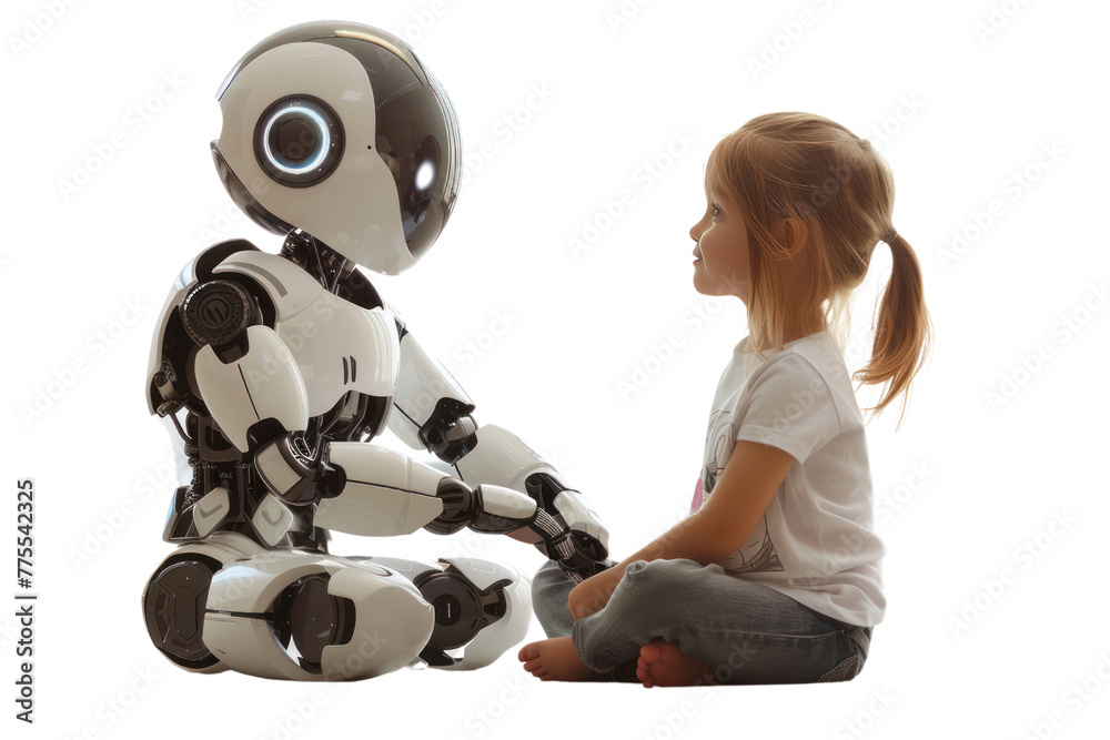 Poster ai dear friend: a cute ai robot playing with a child. reflects on the relationship between humans an