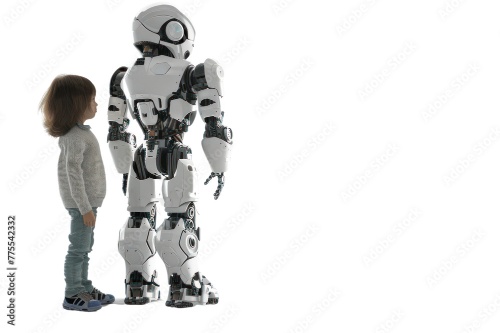 Poster ai dear friend: a cute ai robot playing with a child. reflects on the relationship between humans an