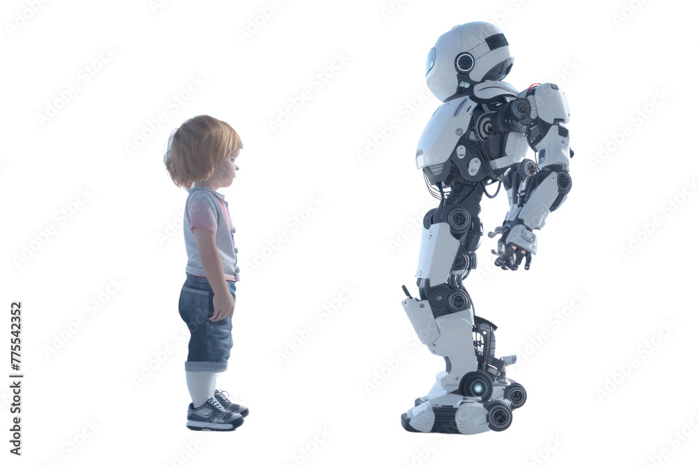 Poster ai dear friend: a cute ai robot playing with a child. reflects on the relationship between humans an