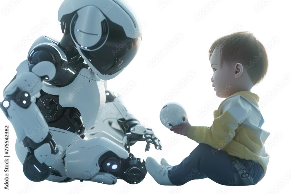 Poster ai dear friend: a cute ai robot playing with a child. reflects on the relationship between humans an