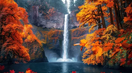 Wandcirkels tuinposter Multnomah Falls Autumn Splendor, Capture the vibrant colors of autumn foliage framing the iconic Multnomah Falls in Oregon, USA, creating a stunning contrast against the cascading waters © Chom