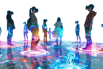 Metaverse: A virtual world that connects people. People are interested in the new experiences the metaverse will offer. Isolated on a transparent background.