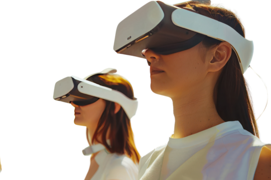 young woman with short hair and AR glasses is doing design work on a tablet. Referring to AR technology and working in the new era.Isolated on a transparent background. - Powered by Adobe