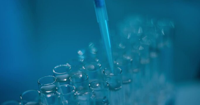 Vials, lab and liquid for medical research with science experiment, pouring and solutions with biotechnology. Test tubes, syringe and filling with closeup of chemical for pharmaceutical innovation.