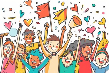 Cartoon cute doodles of a spirited pep rally on campus, with students cheering, waving banners, and showing off their school spirit, Generative AI