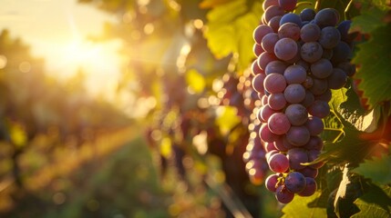 Golden Hour Glow Over Lush Vineyard Offering Bountiful Harvest of Ripe Grapes - obrazy, fototapety, plakaty