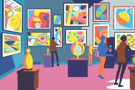 Cartoon cute doodles of a student art exhibition, with colorful paintings, sculptures, and installations on display in a gallery setting, Generative AI