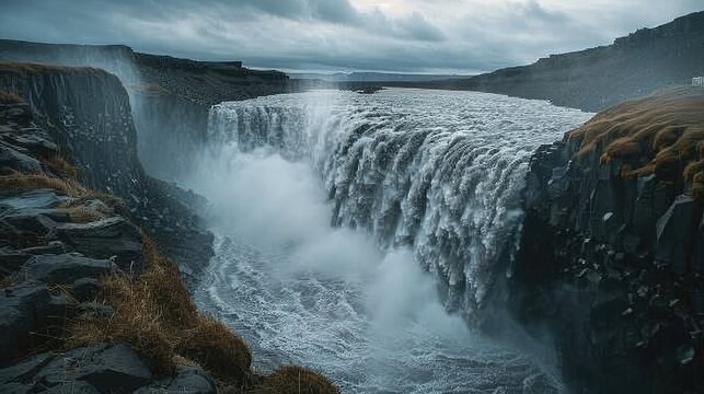 Dettifoss Arctic Majesty, Capture the stark beauty and raw power of Dettifoss, Europe's most powerful waterfall, set against the dramatic backdrop of Iceland's stark volcanic landscape