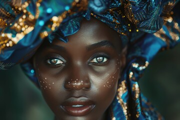 Artistic portrait of a woman with sparkling makeup and an ornate blue headpiece evoking cultural beauty

 - obrazy, fototapety, plakaty