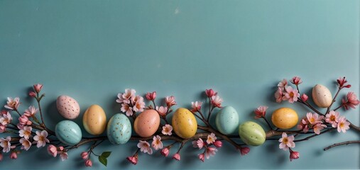 Colorful small easter eggs with flowering branches on a light blue background with copy space - easter card background - spring design element - generative ai