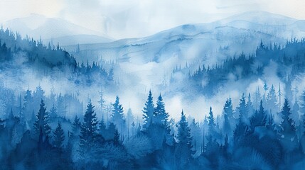 Ethereal Blue Forest, A Watercolor Journey Through Misty Wilderness