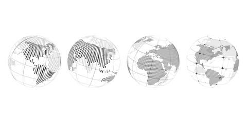 Set of black and white dotted digital transparacy vector globes of Earth with realistic of world map on white and black background. - obrazy, fototapety, plakaty