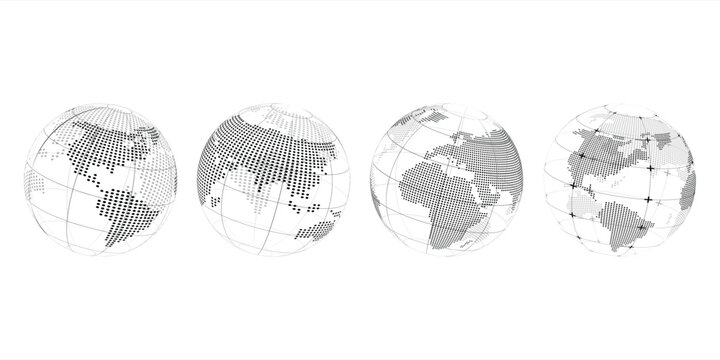 Set of black and white dotted digital transparacy vector globes of Earth with realistic of world map on white and black background.