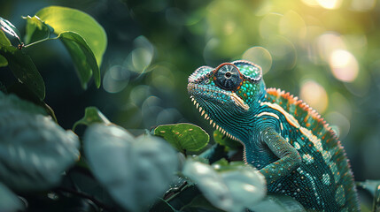 Chameleon, Texture, Master of disguise, blending into a lush jungle Realistic, Backlights, Depth of field bokeh effect