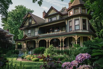 Fototapeta na wymiar Professional Photography of a Historic Victorian Home With Ornate Details, Wrap-Around Porch, and Lush Garden, Generative AI