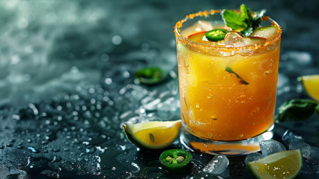Mexican alcoholic drink Spicy Margarita cocktail  with yellow watermelon, jalapeno and lime. Cinco de mayo party  Drink concept.  Blank luxury, commercial image, free place for text