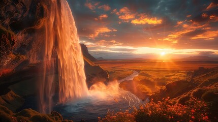Seljalandsfoss Sunset Glow, Showcase the mesmerizing Seljalandsfoss waterfall in Iceland bathed in the warm hues of the setting sun, casting a magical glow over the surrounding landscape
