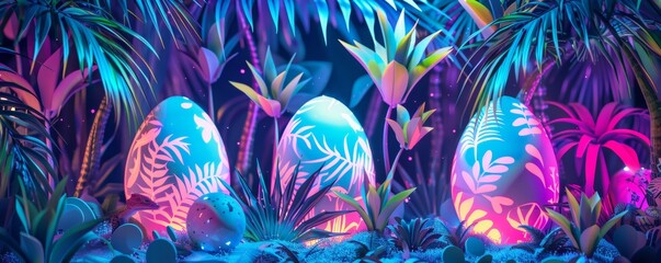 Neon jungle Easter eggs with glowing neon tropical plants and animals - obrazy, fototapety, plakaty