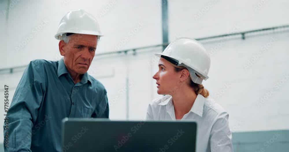 Poster laptop, conversation and manager with construction worker planning architecture for maintenance. dis