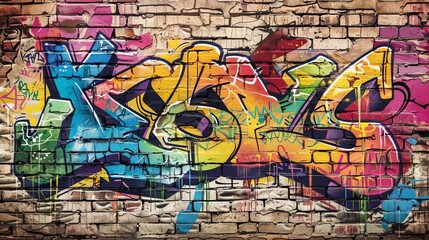 Fototapeta premium Colorful graffiti on a grungy brick wall, urban art vector illustration