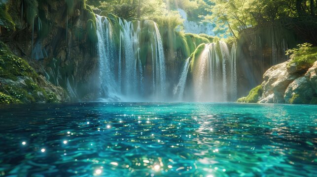 Plitvice Waterfalls Reflections, Showcase the mirror-like reflections of the cascading waterfalls of Plitvice Lakes National Park, Croatia, in the crystal-clear turquoise waters 