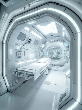 Space station medical bay, zero gravity, wide lens, stark white and silver color scheme