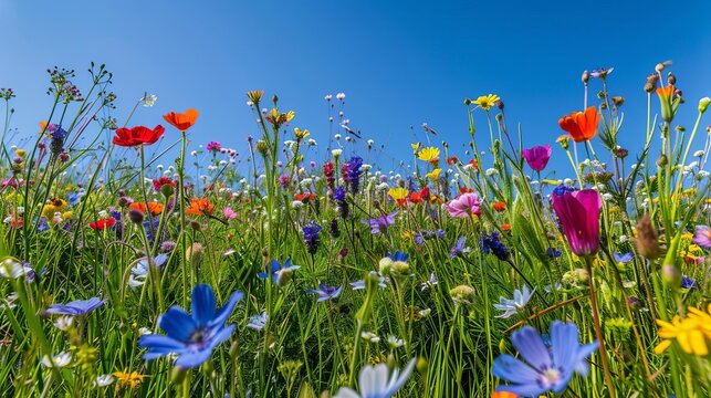 Colorful spring flower meadow, vibrant and lively landscape under clear blue sky