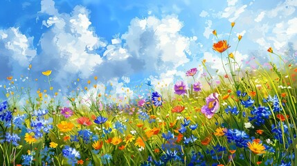 Colorful wildflower meadow in spring, beautiful natural landscape, digital painting