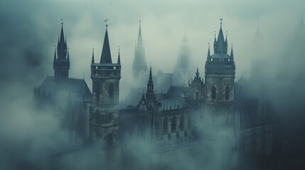 Fototapeta na wymiar Majestic Castle Shrouded in Mist, A Fantasy Realm Comes to Life at Dusk